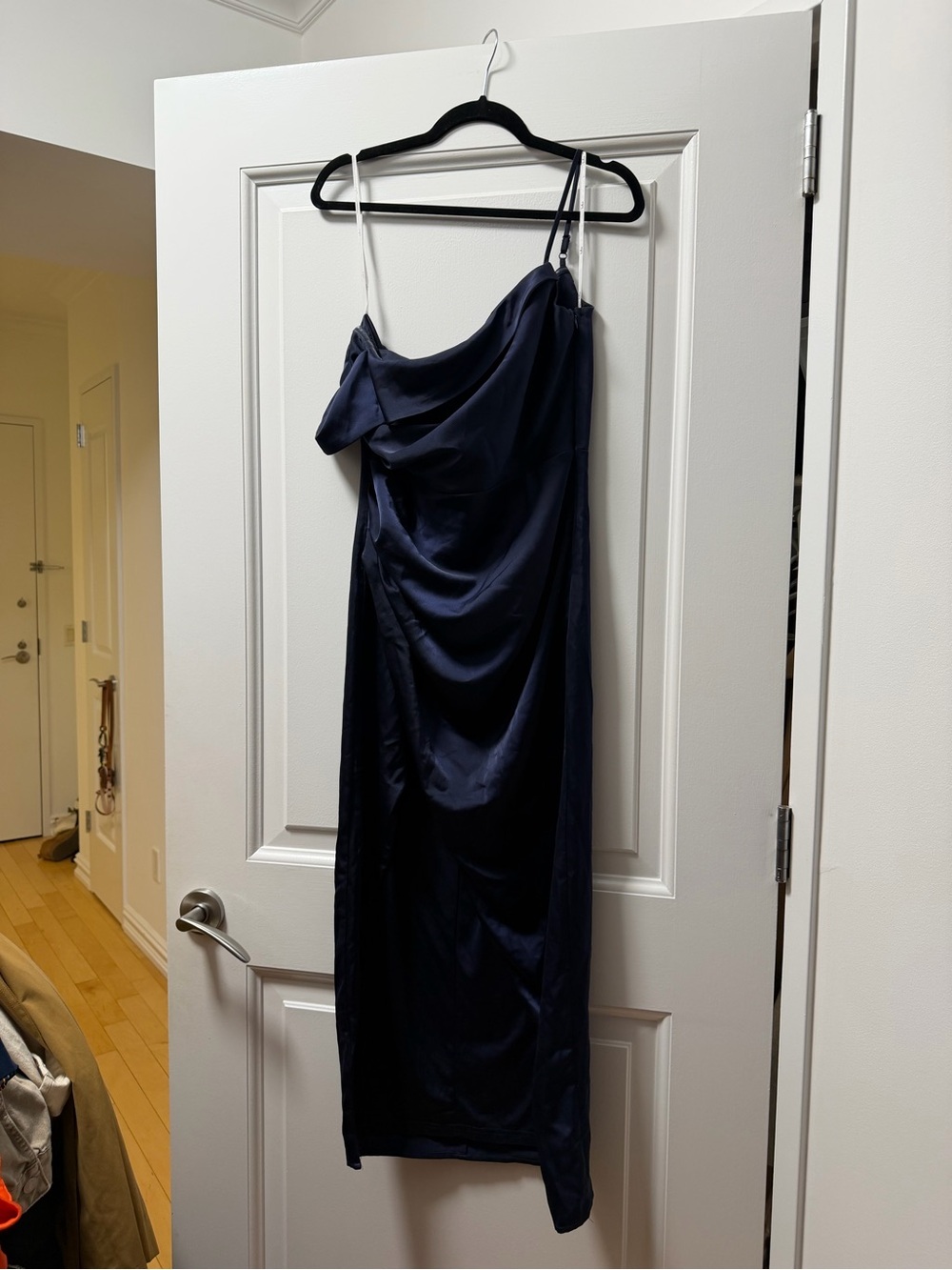One Shoulder Navy Satin Draped Slip Dress with Slit